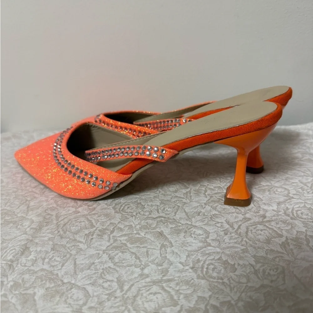 KNOCKOFF AMINA MUADDI Size 9.5 Orange Silver Glitter Mules Pumps Rhinestone Art